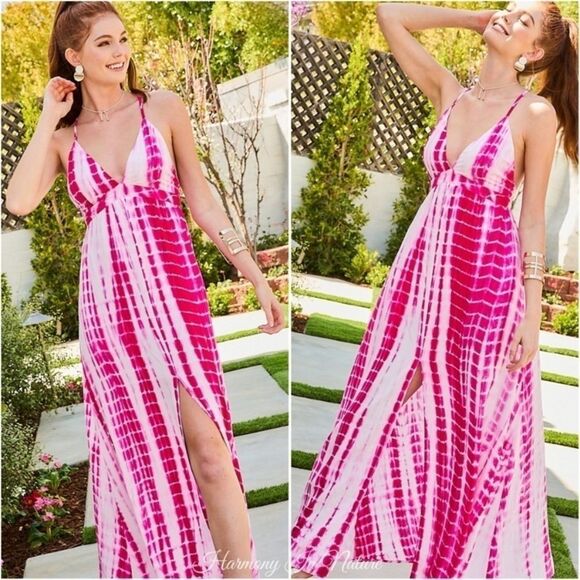Main Strip Tie Dye Maxi Dress Spaghetti Strap Center Slit NWT - Picture 3 of 9